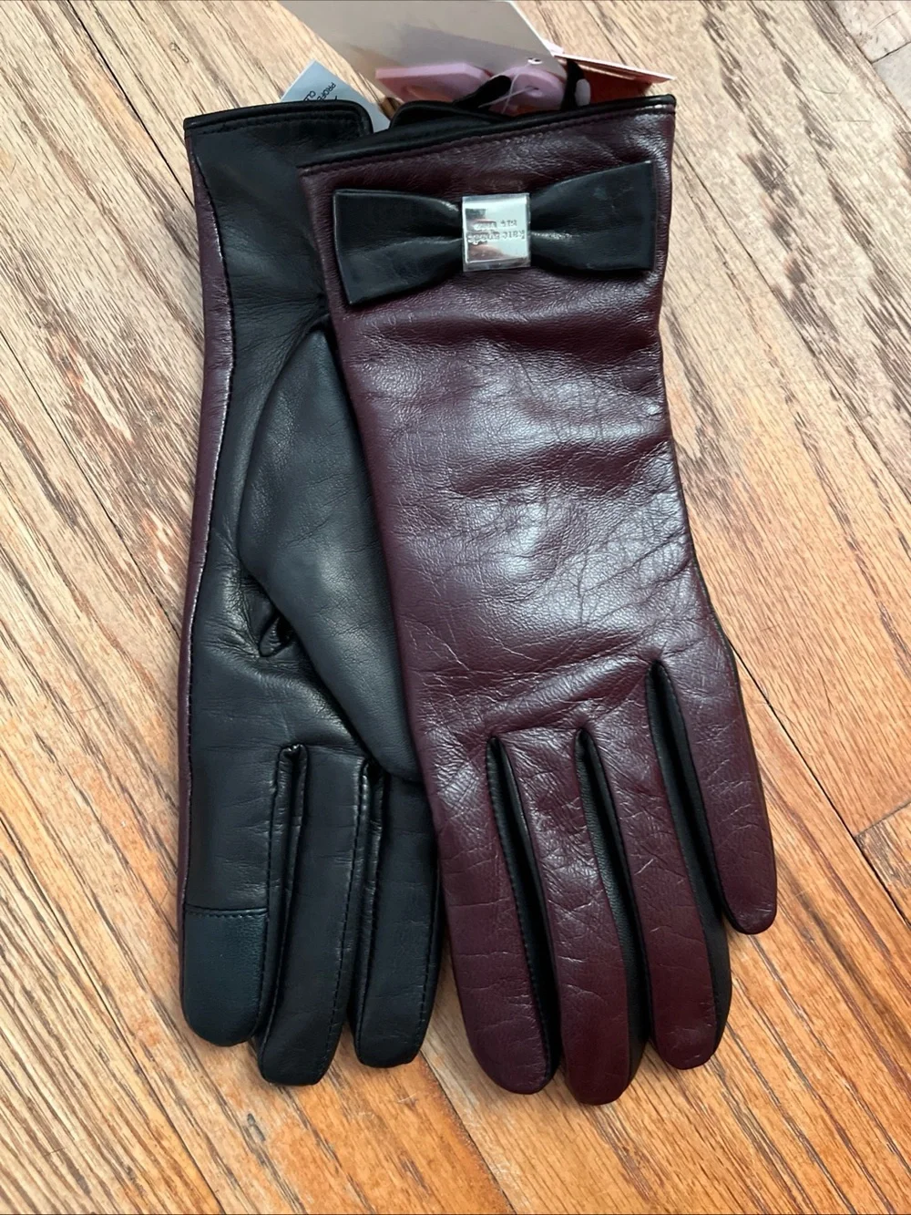 NWT kate spade Women's Bow Trim Leather Gloves - Burgundy Sz:S Old Money Classic